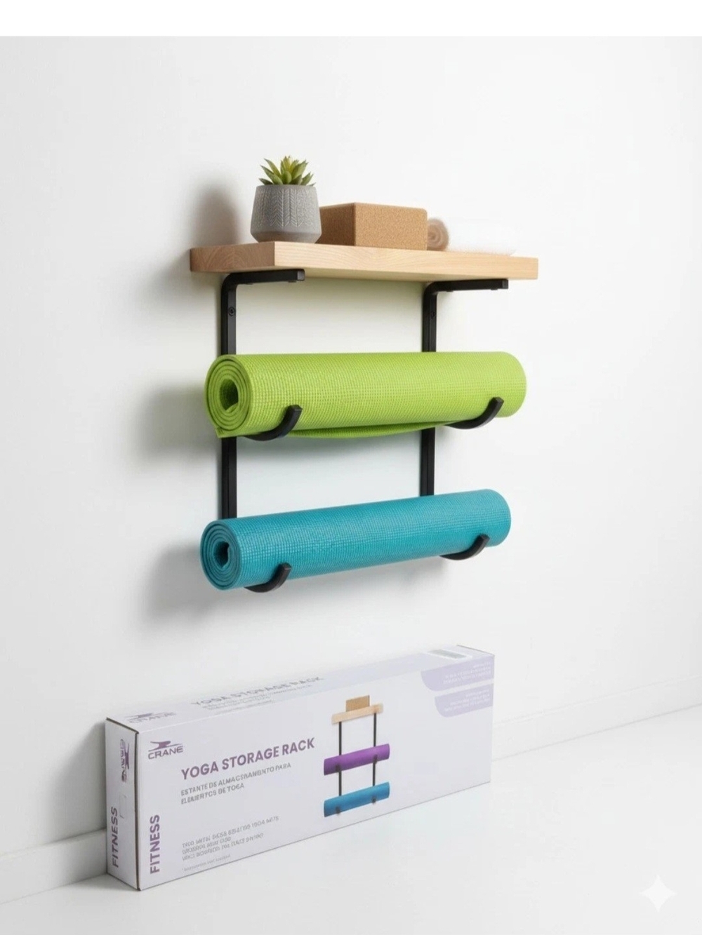 Crane Wall Mounted Yoga Mat Storage Rack Organizer Wood Shelf Matte Black NIB